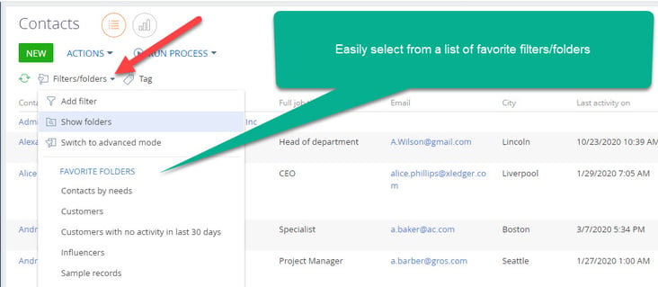 Creatio Contact Filters and Folders